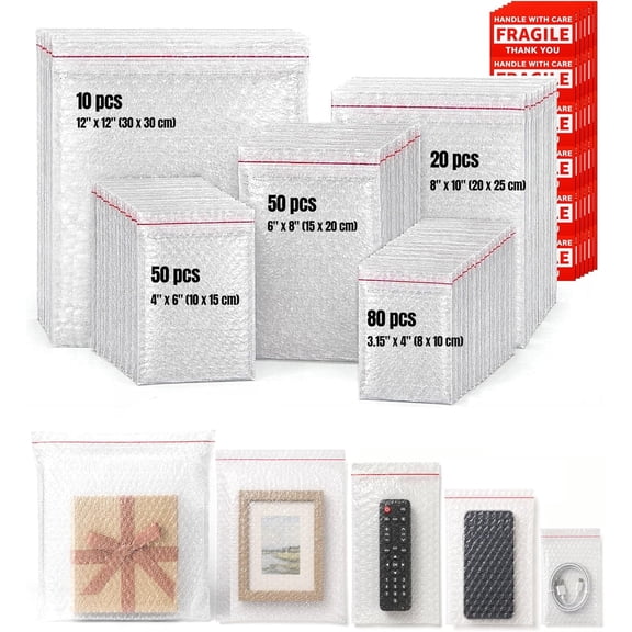 250Pcs 5 Sizes Self Sealing Bubble Wrap Pouches, 40 Fragile Sticker Label, Double Wall Large Small Bubblewrap Bags Envelopes Sleeves Mailers Sheets for Shipping Moving Packing Fragiles Dishes