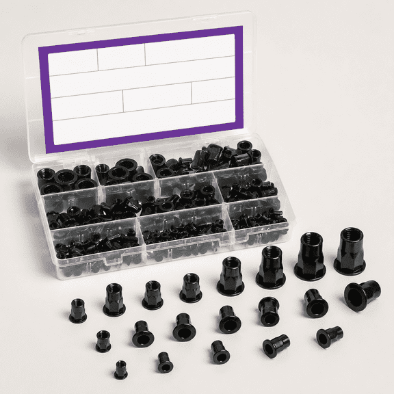 250Pcs 7 Sizes Black M3 M4 M5 M6 M8 M10 M12 Metric Thread Half Hexagonal Carbon Steel Zinc-Plated Rivet Nuts Assortment Kit, Flat Head Threaded Insert Nut Assort