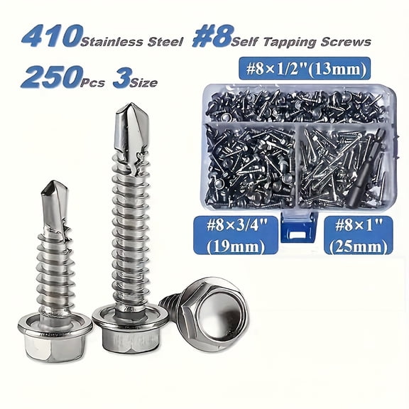 VEYRRINOUX Hex Washer Head 410 Stainless Steel Self Drilling Screws, 250Pcs #8 x 1", #8 x 1/2", #8 x 3/4"