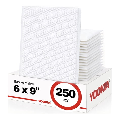 YOOKIA 6" x 9" Bubble Mailers 250Pack, Self Seal Waterproof Padded Envelopes, Padded Mailers, Bubble Envelopes for Mailing, Packaging, E-commerce Shipping, Small Business-White