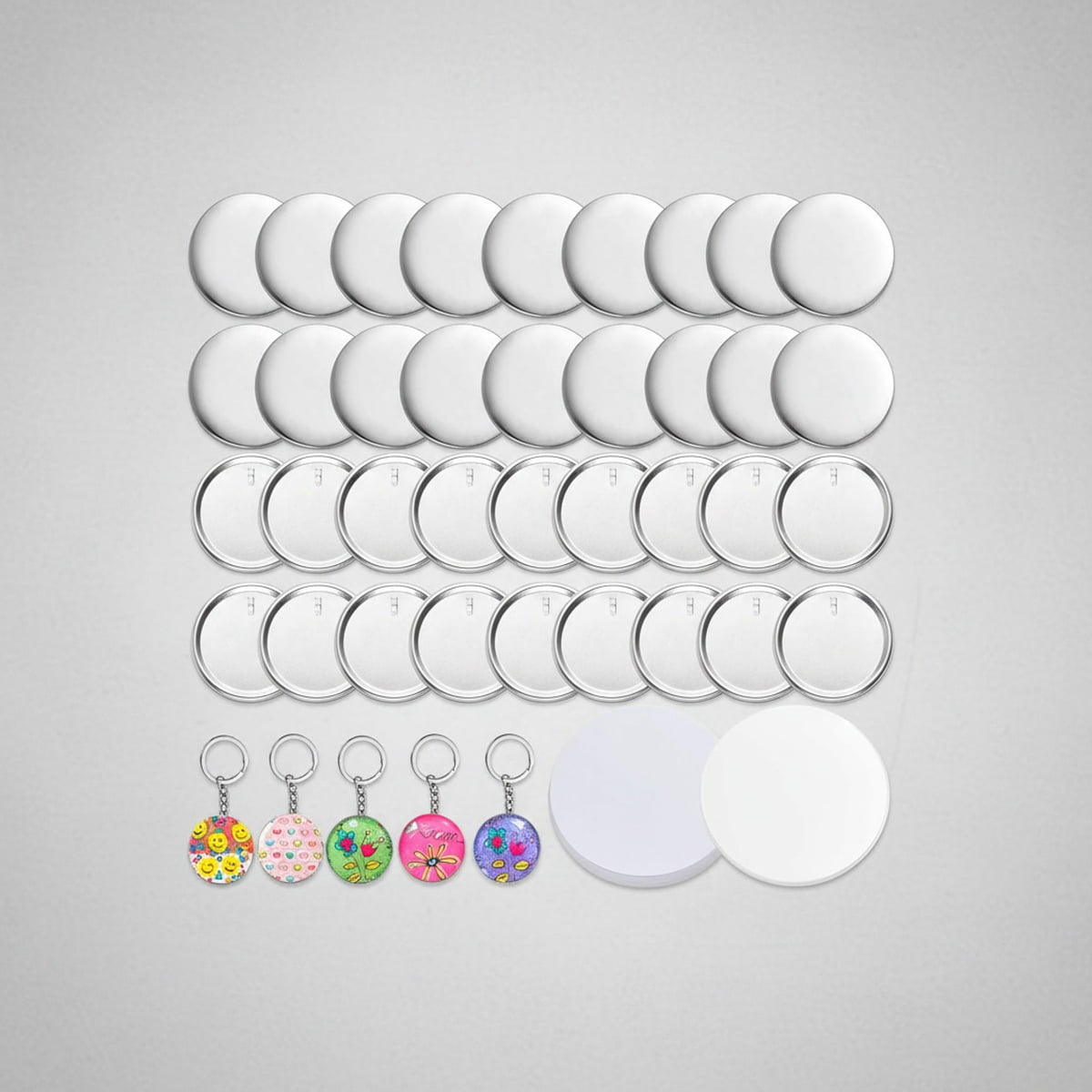 250Pcs Button Maker Keychain Supplies, 50 Sets 58mm Metal Keychain Making Supplies for Button Maker Machine, Badge Sets with Metal Shell Back Cover Transparent Film Blank Paper Chain