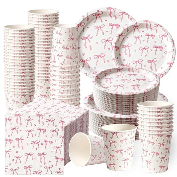 250Pcs Disposable Paper Tableware Set-Pink Plates And Napkins With Bow Design, Bow Decor & Pink Bow Plates, Includes Plates, Napkins, Cups for Baby Shower Decorations, Bridal Shower, Birthday Party