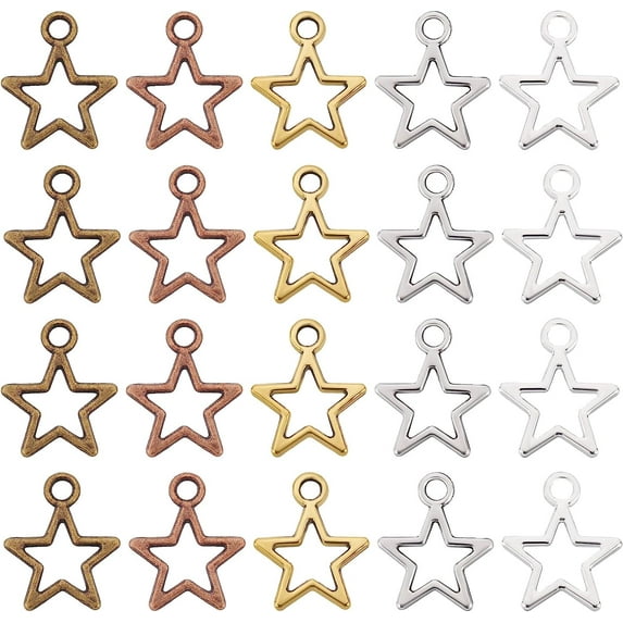 250Pcs Hollow Star Pendants 5 Color Tibetan Pentagram Charms Open Back Bezel Star Pendants