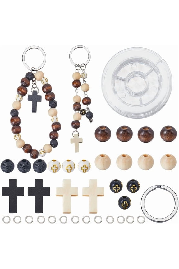 250Pcs Keychain Making Kits Wooden Charm Wood Bead Black White Natural Lava Rock Beads Mini Crucifix Charm Wood Charms Split Key Ring