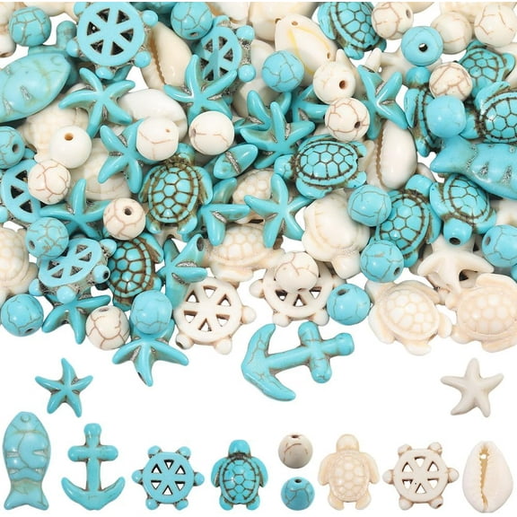 250Pcs Ocean Beads Sea Turtle Beads Summer Hawaii Starfish Seashell Cowrie Shell Bulk Turquoise Howlite Magnesite Spacers for Jewelry Making DIY Earrings Bracelet Necklace Crafts