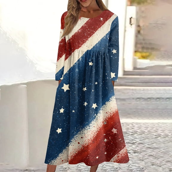 250TH Anniversary Dress, Graceful Design of Red White and Blue, 4Th of July Dresses for Women, Loose Soft Women's Dresses, Independence Day Maxi Dress for Holiday Vacation Size: M