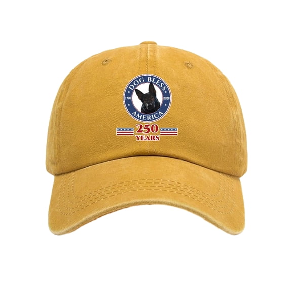 250Th Anniversary, 250Th Anniversary Hat, Cotton Fabric, Faded Vintage Wash, German Shepherd Dog Logo, Yellow Curved Brim Baseball Cap, Black Fabric Detail, 1 Pc