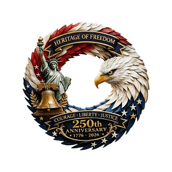 250Th Anniversary of American Independence 1776-2026 Patriotic Flat Wooden Hanging Ornament, Heritage of Freedom Theme with Bell And Statuette Design, A 250Th Anniversary Wreath