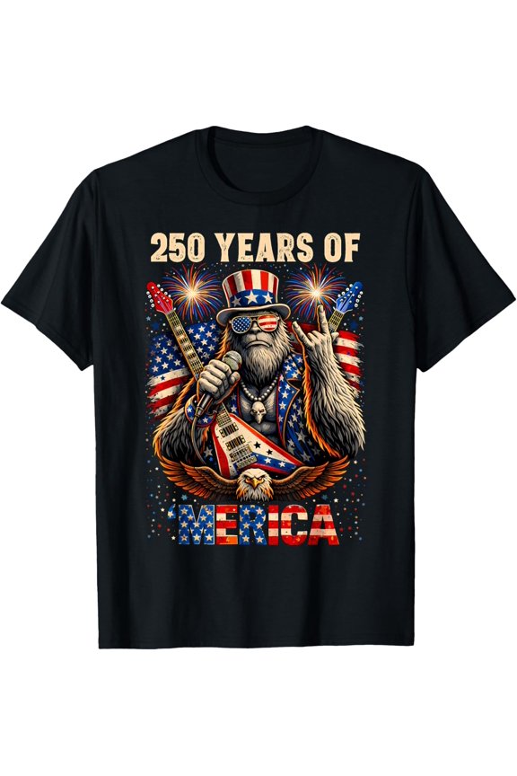 250Th Anniversary Bigfoot Merica Rock Eagle Patriotic Usa Shirt BLACK Unisex S-5XL