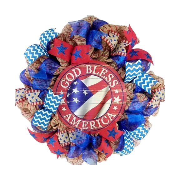250Th Anniversary God Bless America Patriotic Wreath American Flag Round Front Door Wreath For Home, Porch & Patriotic Celebrations(Style B-40Cm)