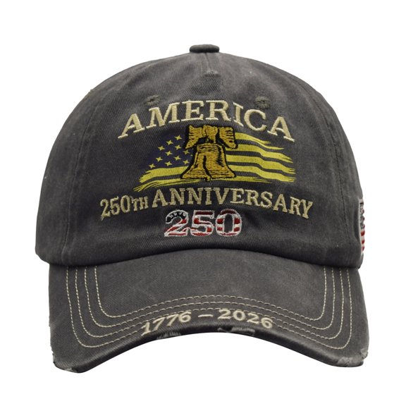 250Th Anniversary Hat, 250Th, 250Th Anniversary, Anniversary, Embroidery, Bell, Baseball, Us Founding Commemoration, Distressed Charcoal Fabric, 22.8 in Circumference, Casual
