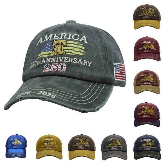 250Th Anniversary Hat, 250Th, 250Th Anniversary, Bell, Baseball, Embroidery, Anniversary, Distressed Brim, Side Flag Patch, Holiday Events, Charcoal, Adjustable, 1 Pc