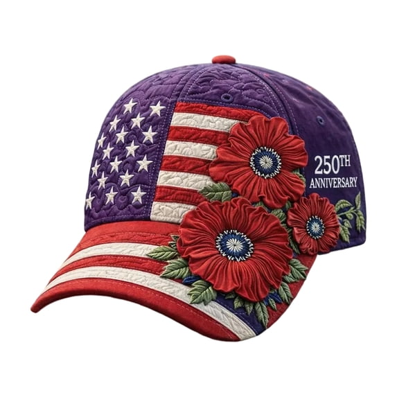 250Th Anniversary Hat, 250Th, 3D, Embroidery, Baseball, Poppies, Flag, Anniversary, Purple Quilted Crown, 21.6-23.6in Curved, Commemorative Photo Shoots, 1 Pc