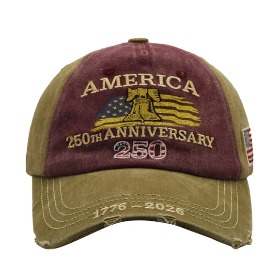 250Th Anniversary Hat, 250Th Anniversary, 250Th, Embroidery, Bell, Baseball, Washed Cotton, Brim Detail, Patriotic Celebrations, Two-Tone Brown Olive, Adjustable Fit, 1 Pc