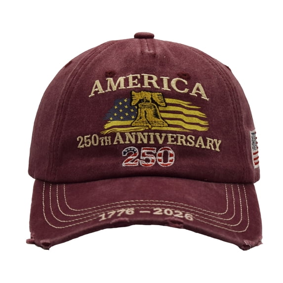 250Th Anniversary Hat, 250Th Anniversary, Anniversary, Embroidery, 250Th, Bell, Baseball, Distressed Washed Twill, Maroon, Adjustable Fit, 1 Pc, Patriotic Parades, Us Founding