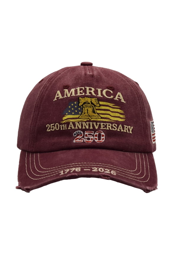 250Th Anniversary Hat, 250Th Anniversary, Anniversary, Embroidery, 250Th, Bell, Baseball, Pigment Dyed Cotton, Burgundy, Pre-Curved Visor, 1 Pc, Fourth of July Gatherings, Liberty