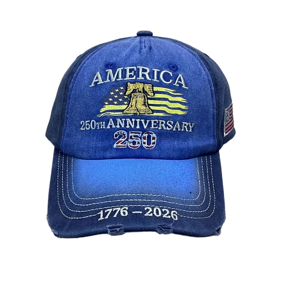 250Th Anniversary Hat, 250Th Anniversary, Anniversary, Embroidery, 250Th, Bell, Baseball, Washed Cotton, Blue, Adjustable Crown, 1776-2026 Celebration, Distressed Brim, 1 Pc