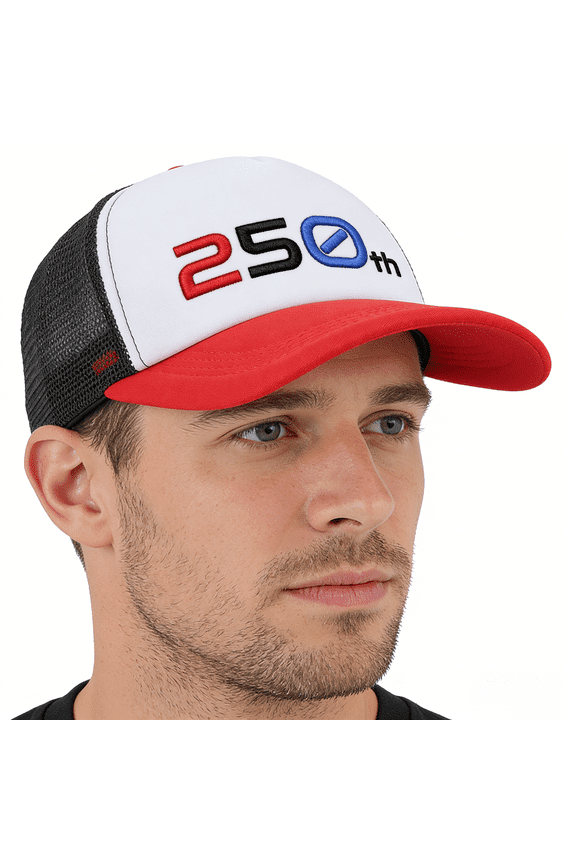 250Th Anniversary Hat, Holiday Hats, Black Mesh, White Mesh, 250Th, Logo, 6 Panels, Outdoor, Baseball, 2026 Hats, Red Brim, Independence Day Gathering, 1 Pc