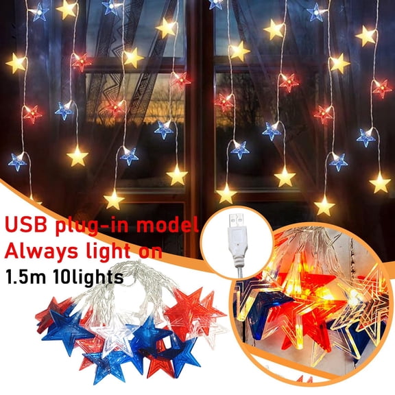 250Th Anniversary Usa 4Th Of July Red, White Blue Usb Plug-In, Red, and Blue Three-Color Five-Pointed Star Decorative Lamp Led American Independence Day Light String