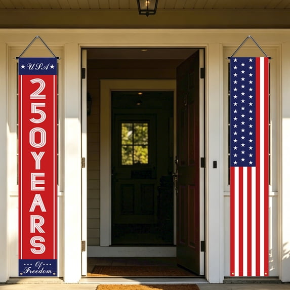 250Th Anniversary Usa Flag Decor Set, Fourth of July Door Decorations, Outdoor Patriotic Decor, Front Porch Decorations Outdoor, 2 Pc 71X12 Inch Hanging Star Spangled Banner Signs