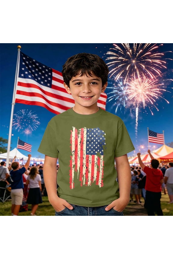 250Th Anniversary Usa Shirt Kids Lightweight Mesh 4Th July Print Round Neck Short Sleeve Active Top Boy Clothes Army Green 4-5Y