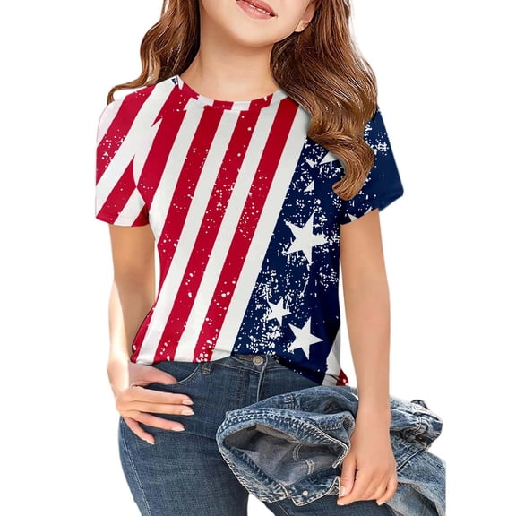 250Th Anniversary Usa Shirt Kids Relaxed Star Independence Day Print Round Neck Short Sleeve Tee Girls Tops Red 4-5Y