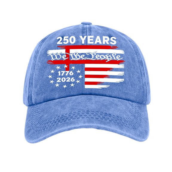 250Th Usa 250Th Anniversary, Vintage Pigment Washed Print, Unisex Gift, Six Panel Baseball Cap, Sky Blue, 1 Pc, Patriotic Outdoor Gatherings