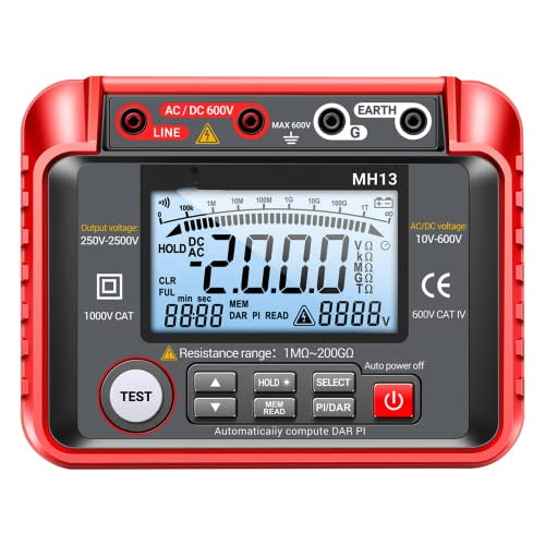 250V-2500V Digital Insulation Resistance Tester 1M-200G Megger Megohm Testing Meter Auto Range 2000 Counts Multimeter LCD Display 10V~600V AC/DC Voltmeter with 100 Data Storage$$Electrical
