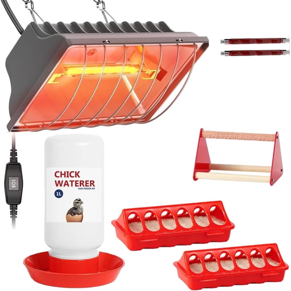 250W Heat Lamp for Chicks, 5 Pcs Chick Starter Kit with Chick Feeder and Waterer Set, Chick Stand Perch, Adjustable Hanging Height for Poultry Supplies Indoor Warmer (Grey)$$Garden & Patio
