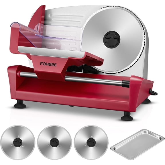 250W Meat Slicer Machine for Home, Electric Food Slicer with Stainless Steel Tray & Three 7.5" Stainless Steel Blade, 0-15mm Precise Thickness Deli Meat Slicer for Bread Fruit Vegetable (Red)