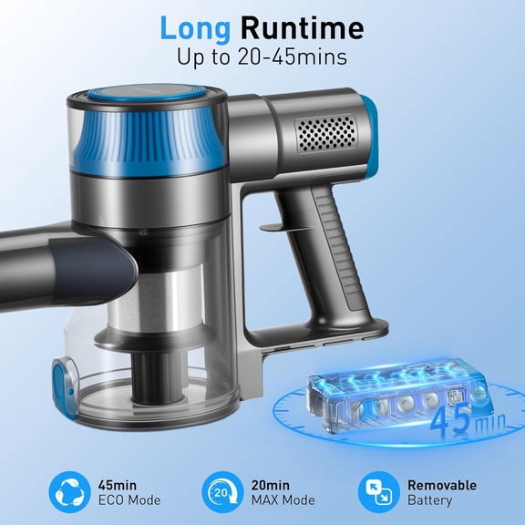 250W Powerful Motor & 25KPA Strong Suction Cordless Vacuum Cleaner with Detachable Battery, 45 mins Runtime for Hard Floor, Carpet, Pet Hair, Car Cleaning