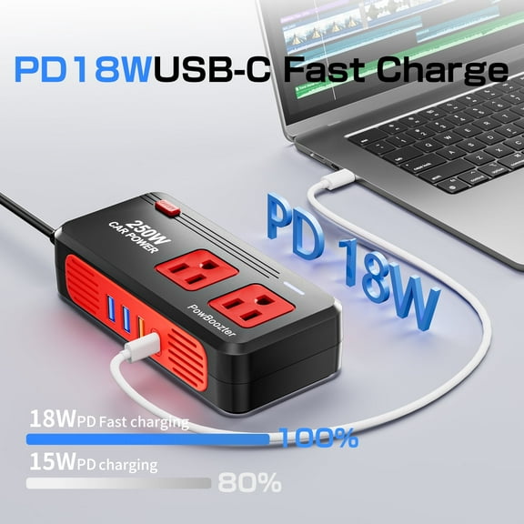 250W Vehicle Inverter - 500W Peak, DC 12V to AC 110V, Dual AC Socket, 3 USB Car Charging Port, 1 Type-c Charging Port Support Fast Charging Suitable for Cars, Homes, RVS, Notebook Computers