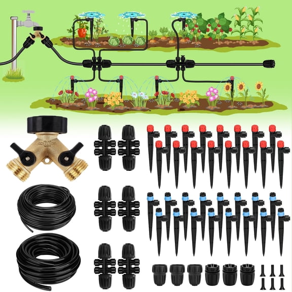 250ft Drip Irrigation System For Garden - 50ft 1/2" Main Tube & 200ft 1/4" Branch Tubing Brass Splitter Quick Connect Design Outdoor Plants Raised Beds Greenhouses
