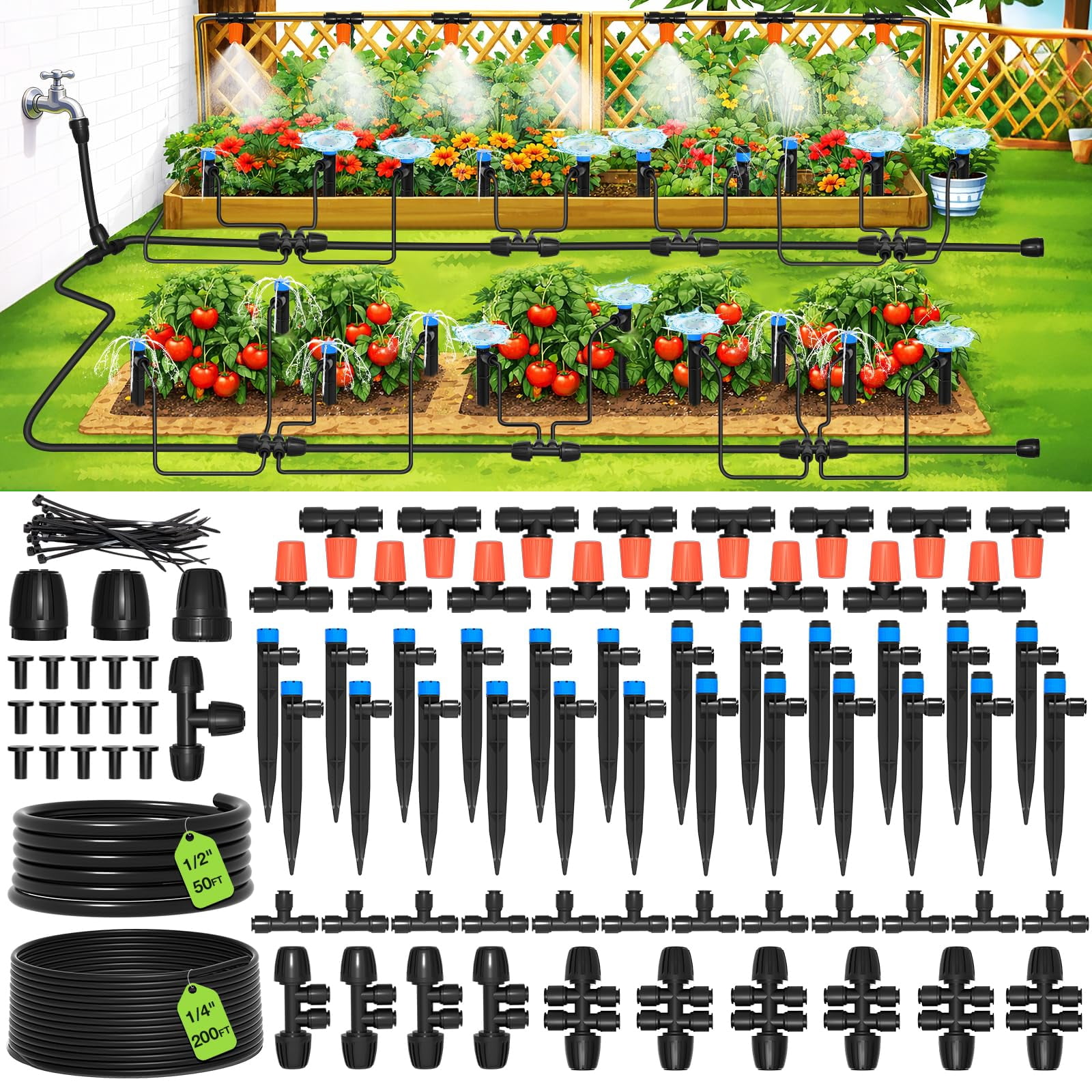 250ft Drip Irrigation System Kit  Quick-connect Garden Misting Watering With 1/2" 1/4" Tubing Adjustable Nozzles Sprinklers For Indoor Outdoor Potted Plant Lawn Greenhouse