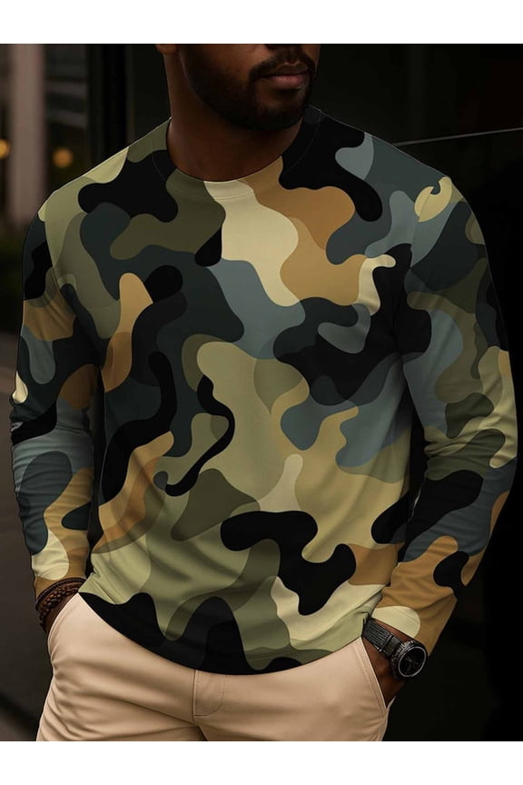 250g long-sleeve T-shirt Camo Print Long Sleeve Tee long sleeved camouflage seamless pattern full print men regular fit Slight Stretch,Regular Fit, spring Outdoor Top, Daily & Casual Wear, Adult - F