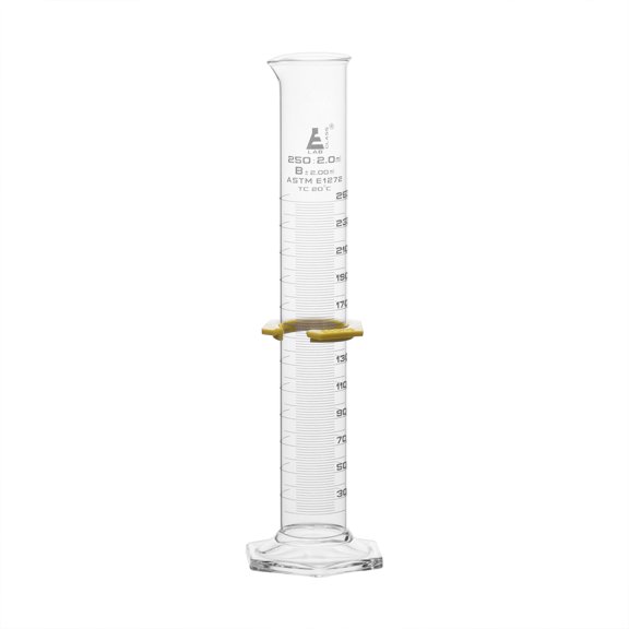 250mL Glass Graduated Cylinder - Borosilicate - Class B - Hexagonal Base - White Single Scale - Eisco Labs