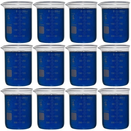 250ml Beaker, Low Form Griffin, Borosilicate 3.3 Glass, Double-Scale Graduations, Karter Scientific 247I3 (Pack 12)