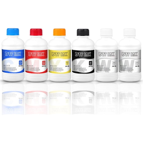250ml DTF Ink DTF Ink Premium DTF Ink for Film Heat Transfer Printing Compatible for DTF Printers Compatible with Printhead L1800 L805 XP15000 R1390 4720 I3200 XP600 DX7 DX5 5113(6PK,2W+1B+1C+1M+1Y)