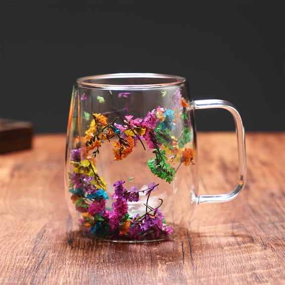250ml Double-Walled Glass Coffee Mug with Handle, Reusable Insulated Glass Cup with Built-in Dried Floral Design, 8.5oz Aesthetic Flower Tea Cup for Women & Gifts(B)