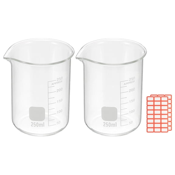 250ml Glass Beaker, 2 Pack Measuring Glass Beaker Graduated Borosilicate Lab Cups Mug Low Form  Heat Safe Transparent with Spout Label for Laboratory Science Kitchen Liquids