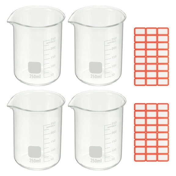 250ml Glass Beaker, 4 Pack Measuring Glass Beaker Graduated Borosilicate Lab Cups Mug Low Form  Heat Safe Transparent with Spout Label for Laboratory Science Kitchen Liquids