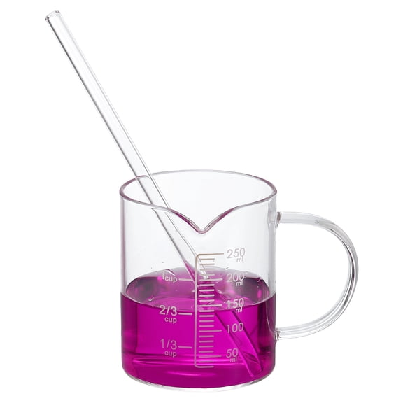 250ml Glass Measuring Cup, Borosilicate Glass Beaker Graduated Liquid Measure Cups with Straw V-Shaped Spout for Kitchen Drinking Restaurant, White Printed Scale