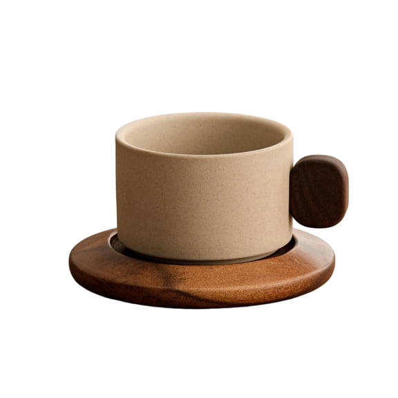 250ml Stoneware Mug Set with Geometric Handle - 8.5 oz Capacity, Wood Coaster, for Latte Tea Home Cafe, Handcrafted Rustic Sesame Glaze, Ideal for Pour Over Coffee and Slow Sipping (A)