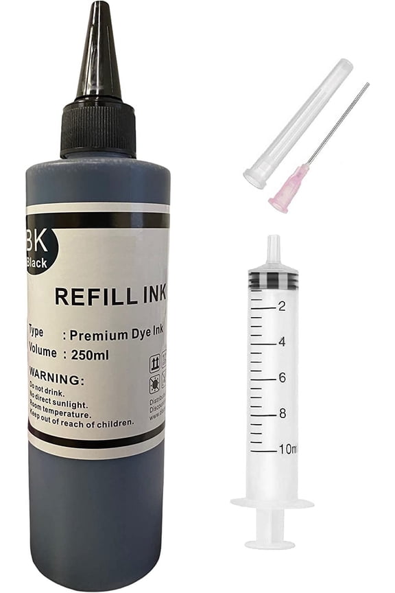 250ml Universal Black DYE Refill Ink Bottle Compatible for All Epson Workforce Epson EcoTank HP Officejet HP Deskjet Brother MFC Canon Pixma Printers Model
