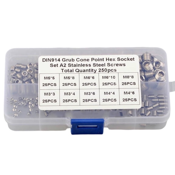 250pcs 304 Stainless Steel Hexagon Socket Set Screws with Cone Point Tapered End Headless Bolt Assortment, Metric Thread for Door Handles, Faucets, Lamps, Knobs, Locks, Toys