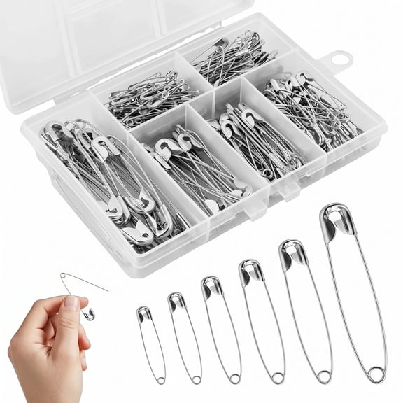 250pcs 6 Sizes Assorted Safety Pins Bulk Heavy Duty Nickel Plated Steel Pins for Clothes, Sewing, Quilting, Crafts, and Office Use with Storage Case