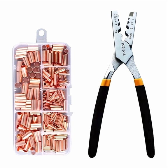 250pcs GT Copper Connecting Pipe Wire Joint Small Copper Tube Terminal Cable Lug Bootlace Ferrule Kit W/Crimping Pliers