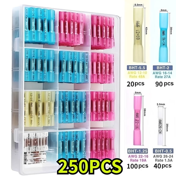 250pcs Heat Shrink Solder Seal Wire Connectors Kit, Waterproof Butt Connector Heat Shrink Electrical Terminals,for Marine Automotive Boat Truck