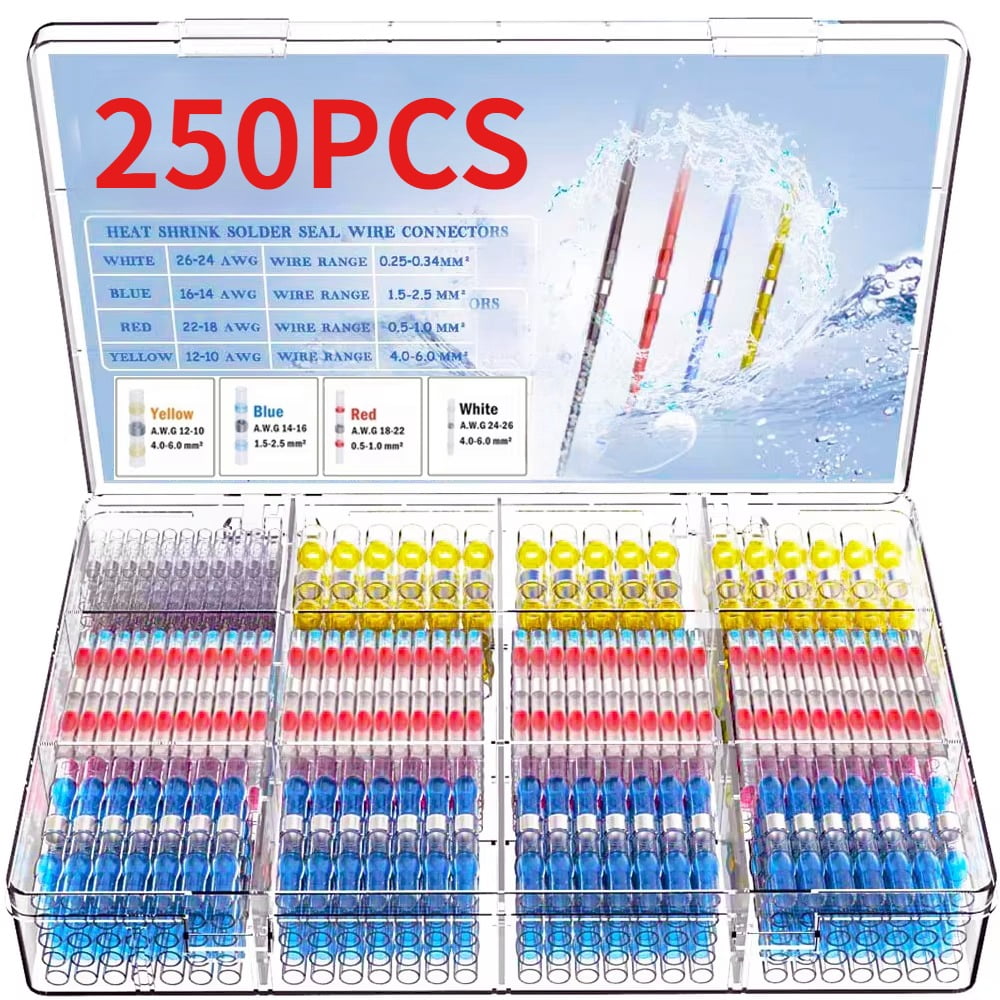 250pcs Heat Shrink Solder Seal Wire Connectors, Waterproof Butt Insulated Connectors Solder Connector Kit for Electrical Automotive Marine