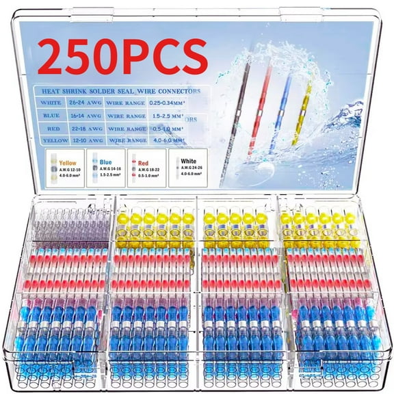 250pcs Heat Shrink Solder Seal Wire Connectors, Waterproof Butt Insulated Connectors Solder Connector Kit for Electrical Automotive Marine